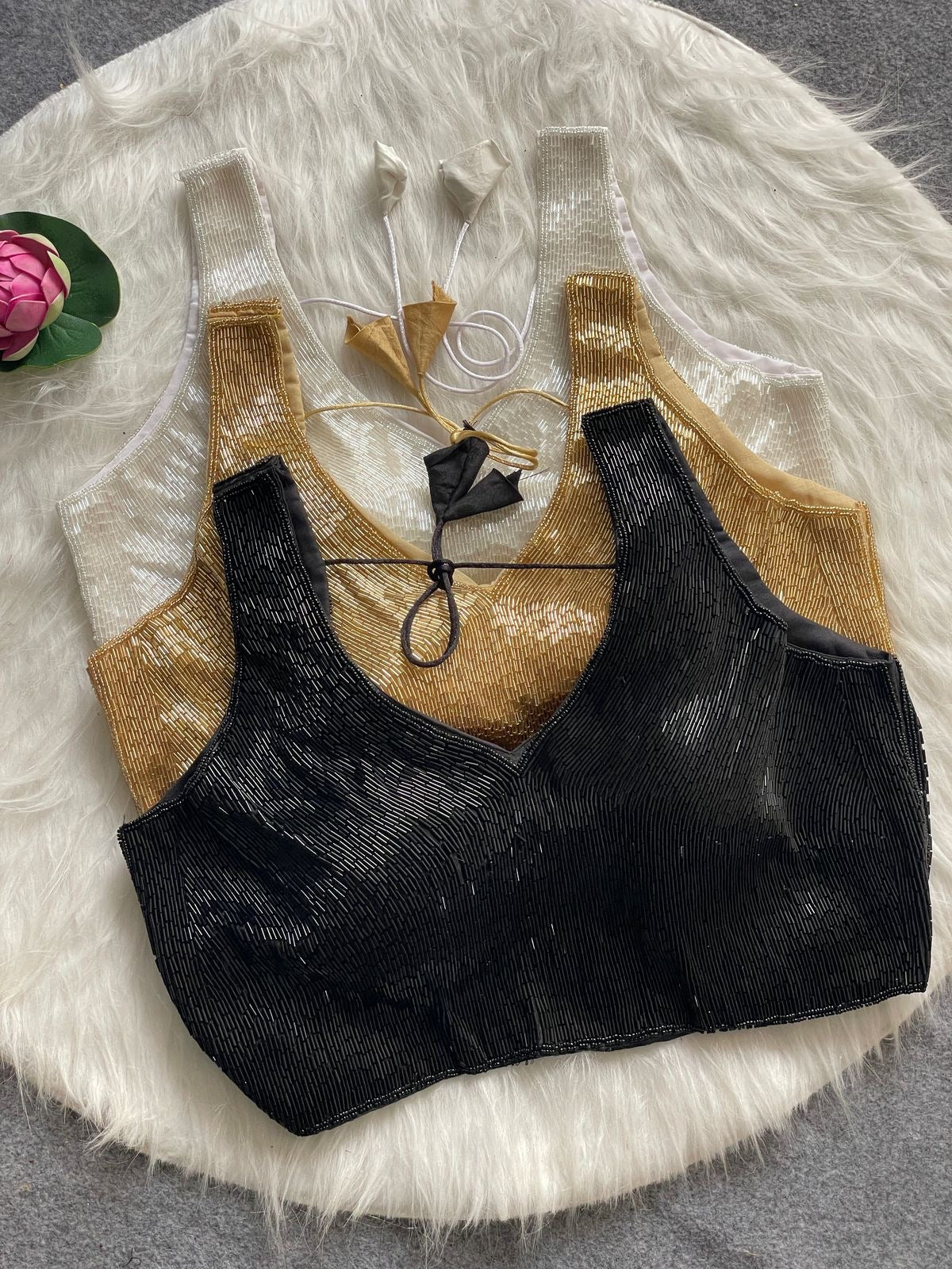 Premium Handcrafted Pearl and Beads Pipe Work Readymade Blouse