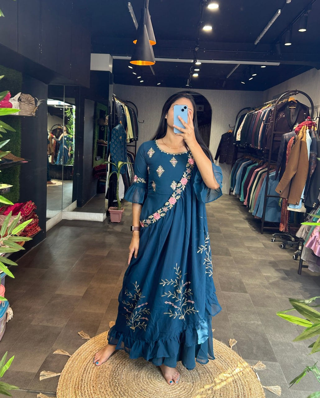 Rama blue gown with shrug fully stitched