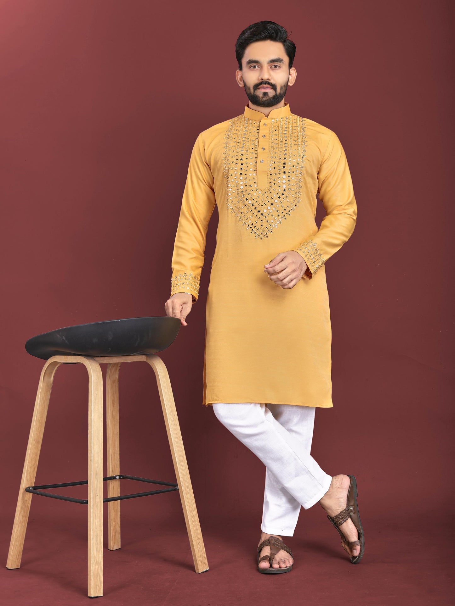 Men's Unique Exclusive Kurta with Real Mirror Neck Work with Cotton Pajama