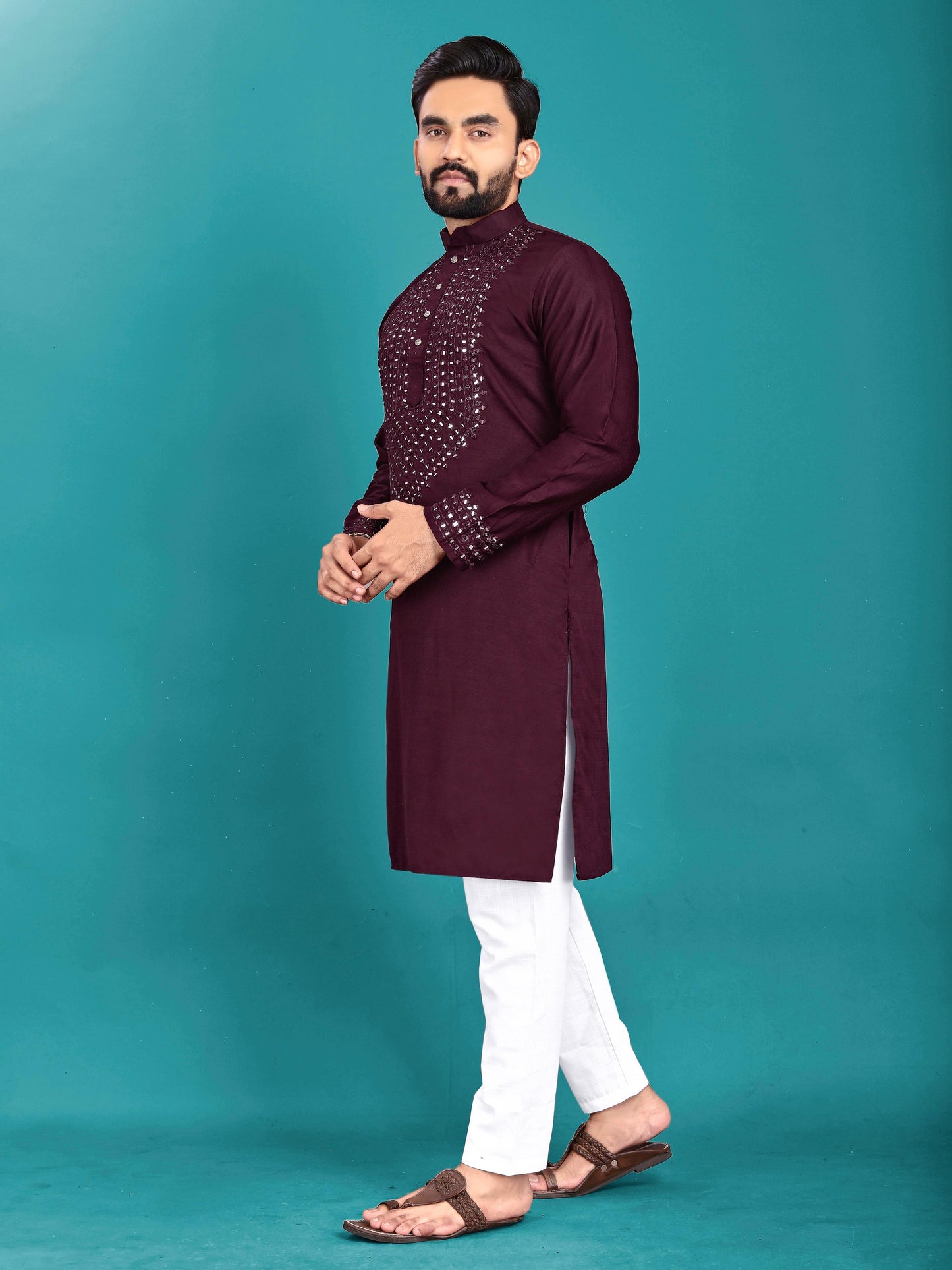 Men's Unique Exclusive Kurta with Real Mirror Neck Work with Cotton Pajama
