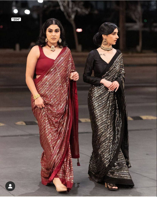 Bollywood style saree with fully stitched blouse and sequins work all over it