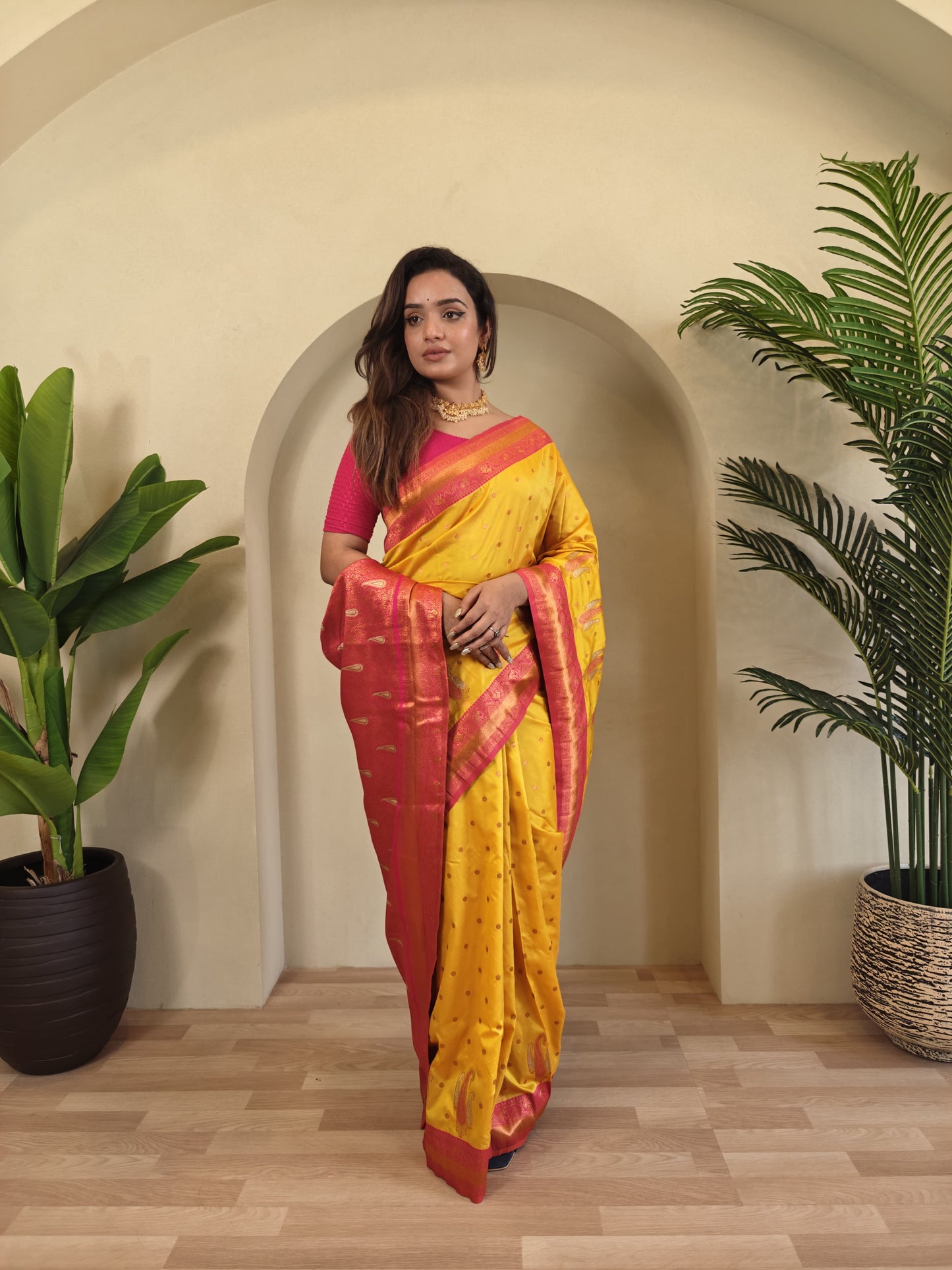 Mustard Yellow Pure Paithani Silk Saree with rich weaving with Stitched Blouse