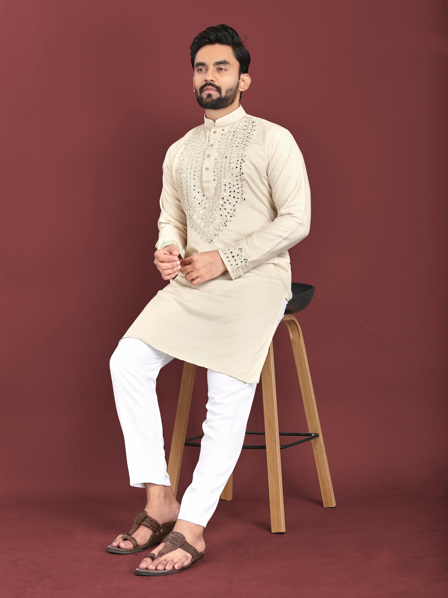 Men's Unique Exclusive Kurta with Real Mirror Neck Work with Cotton Pajama