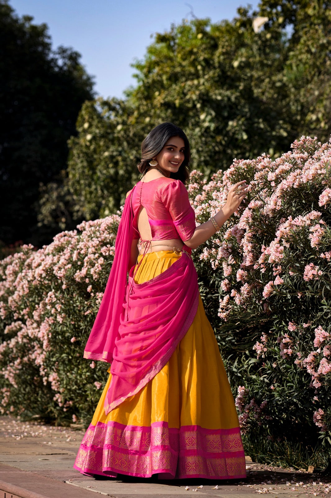 Pink & Yellow Kanchipuram style premium fully stitched lehenga