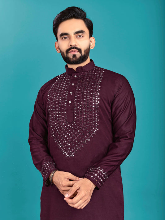 Men's Unique Exclusive Kurta with Real Mirror Neck Work with Cotton Pajama