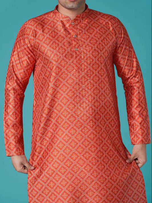 Men's traditional indian ethinic print red cotton kurta with pant