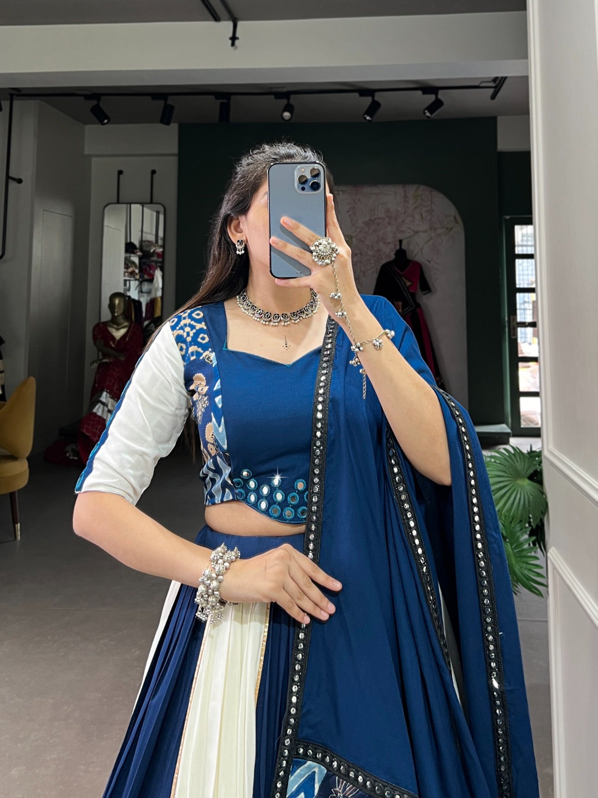Mithudi - Premium Rama Pure Cotton Rayon MIRROR Work Chaniya Choli for Navratri