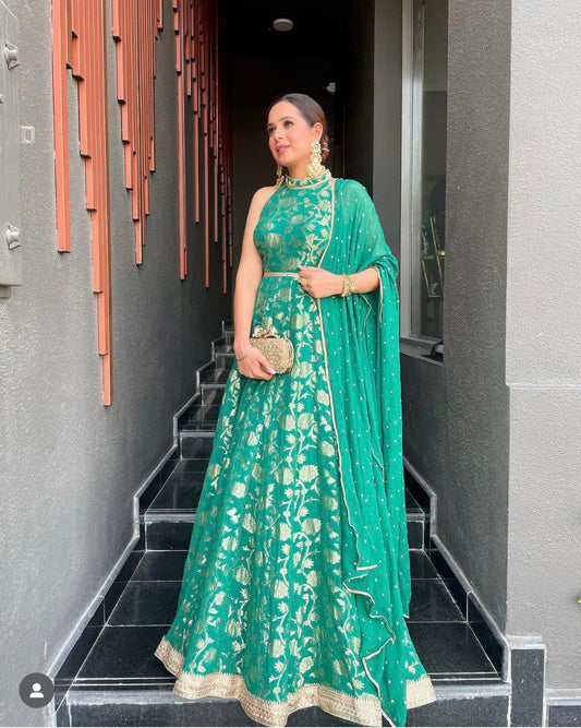 Pure Banarasi Silk Green Gown fully stitched