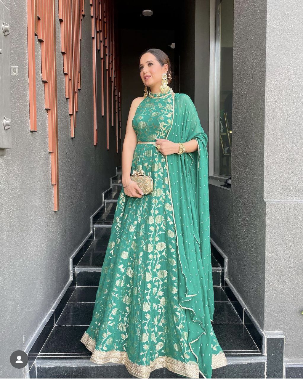 Pure Banarasi Silk Green Gown fully stitched