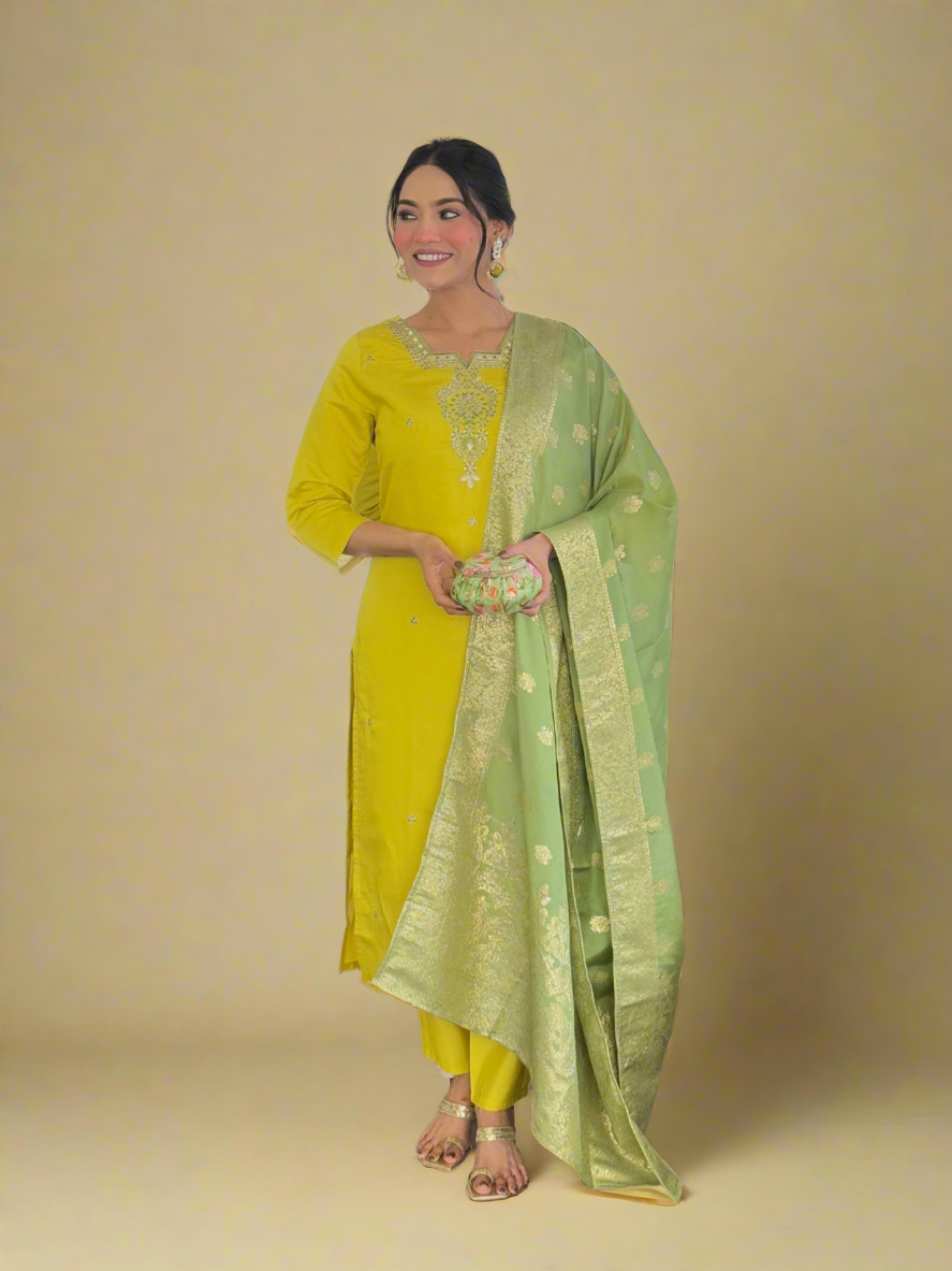 Lime Yellow by Kiara - Beautiful Silk Kurti Readymade Set