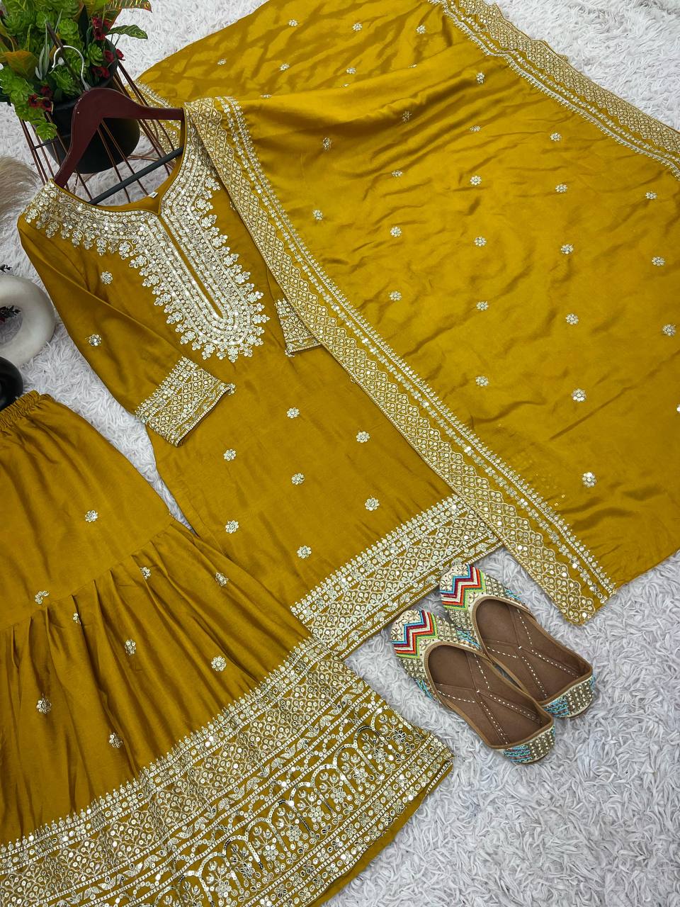 Mustard Yellow Punjabi Sharara set fully stitched