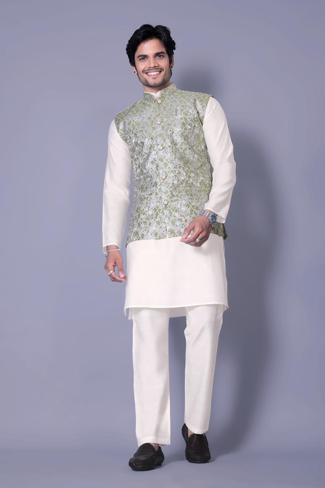 Traditional Indian Koti Kurta Set for Men - Mehendi Colour