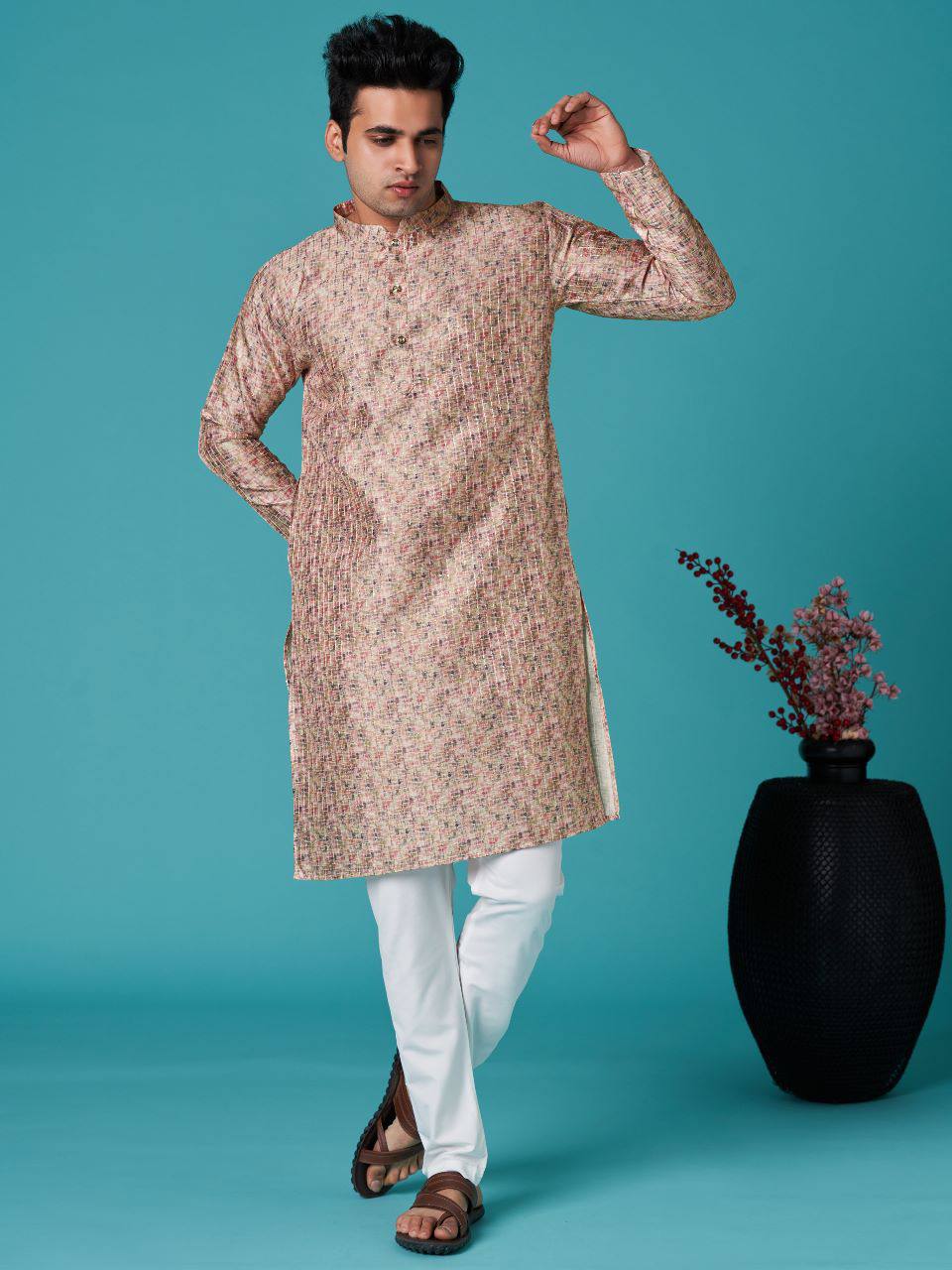 Beige Men's traditional indian sequins work with print cotton kurta with pajama