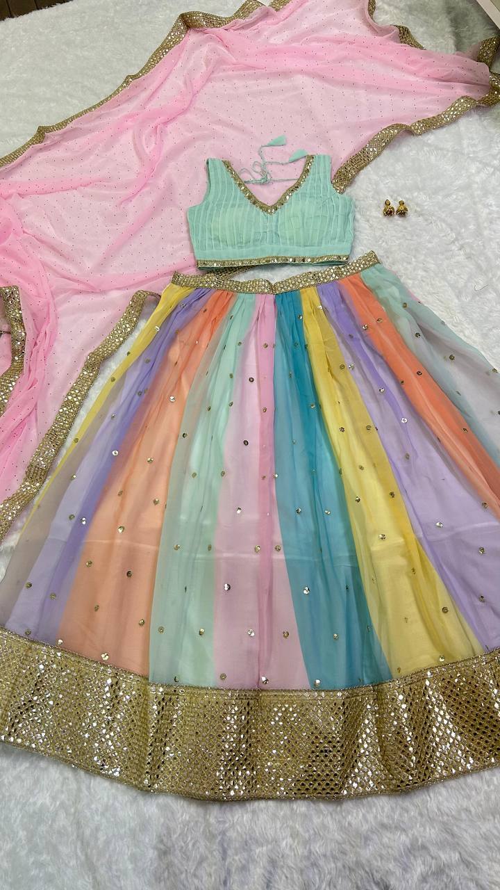 Premium Pastel Rainbow fully stitched lehenga