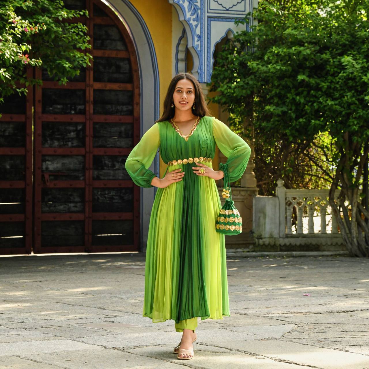 Parrot Green georgette gown readymade