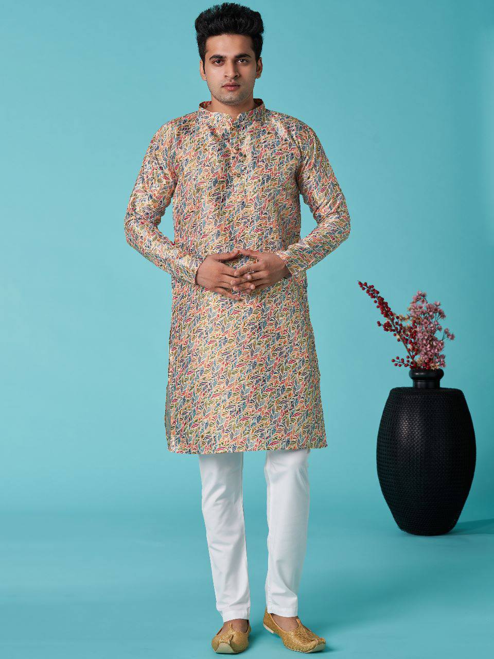 Men's traditional indian sequins work with print cotton kurta with pajama
