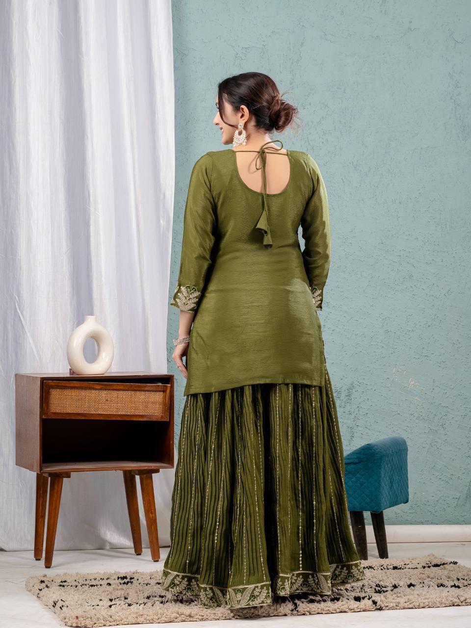 Pure Chinon Silk Embroidered Sharara Set in 4 beautiful Colours Fully Stitched