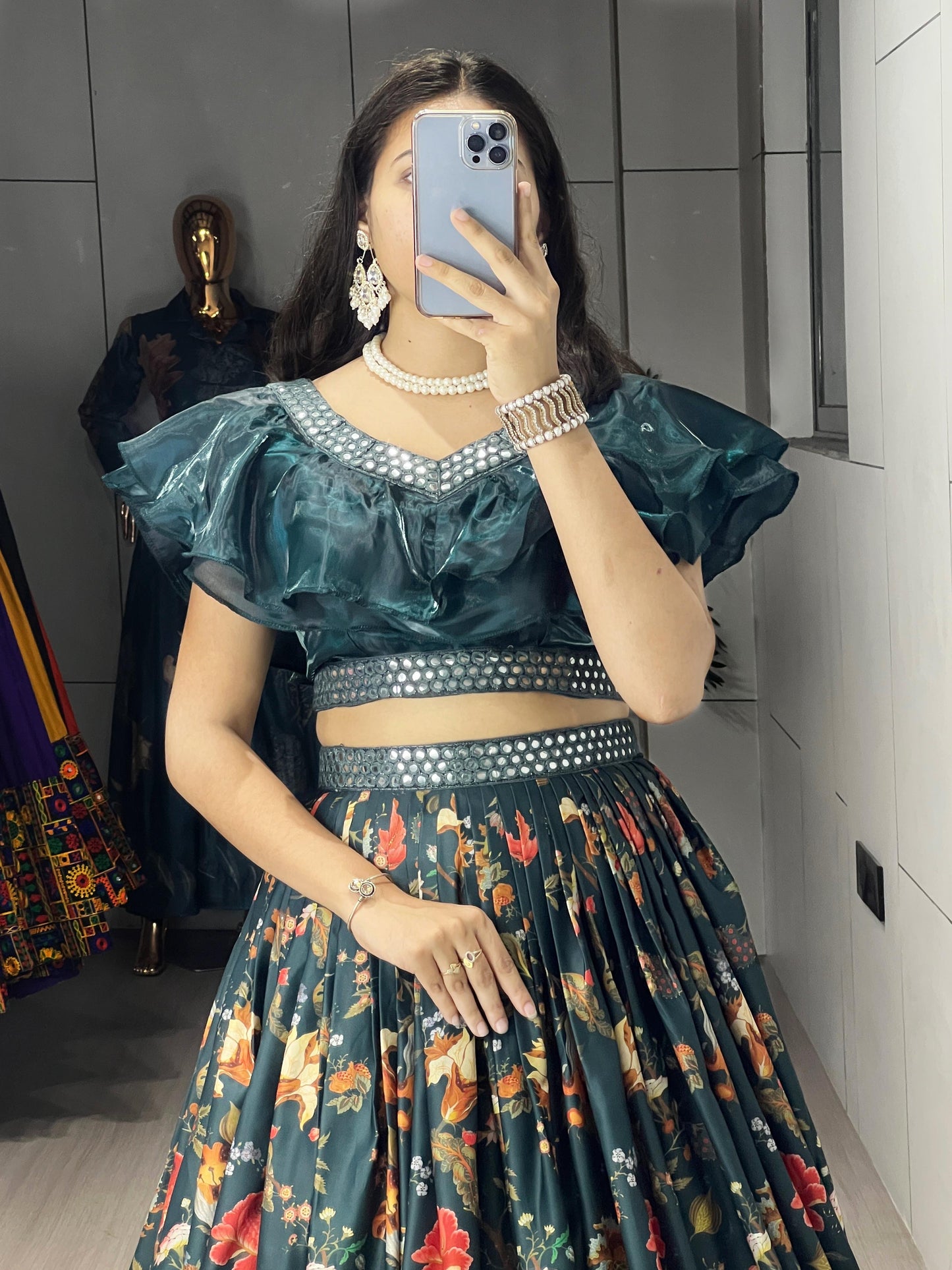 Pure Muslin Dark Bottle Green Casual Lehenga Fully Stitched