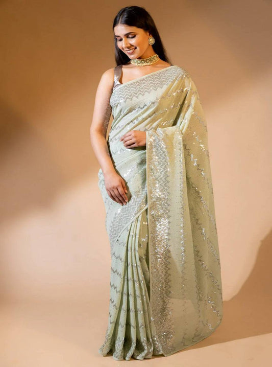 Bollywood style Pista & Black Sequence Saree with fully stitched blouse
