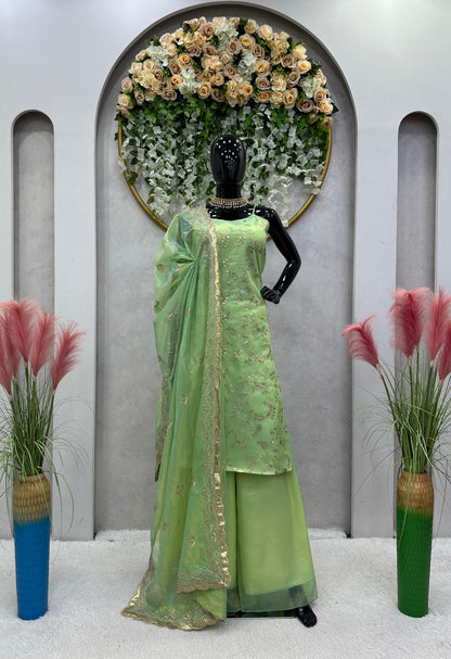 Parrot green fully stitched Sharara suit set