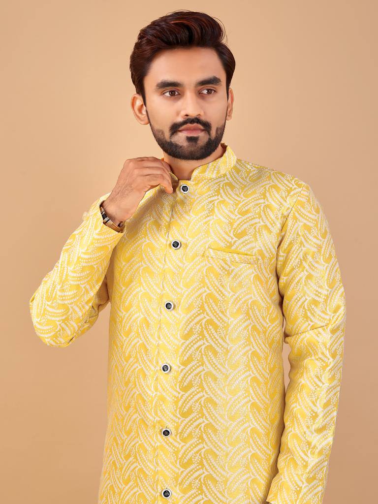 Yellow Men's traditional indo western bollywood style with pajama