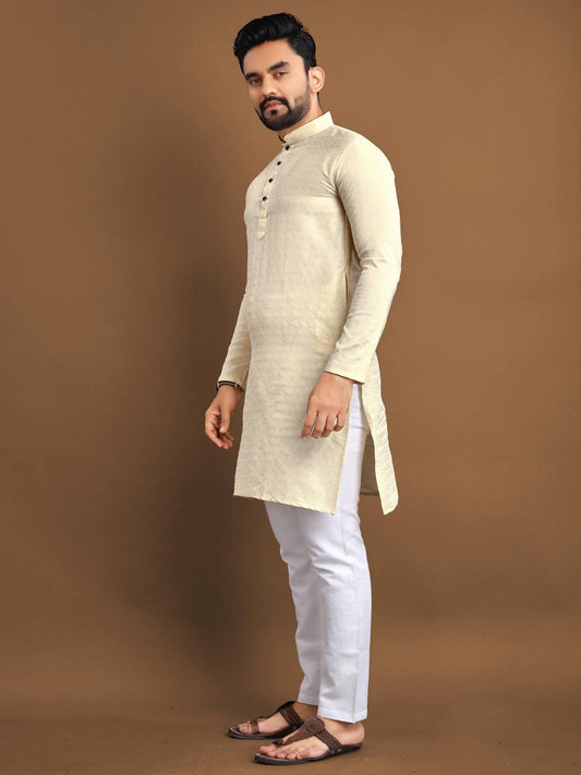 Cream Men's kurta Weaving style jaquard fabric with pure Cotton Pajama