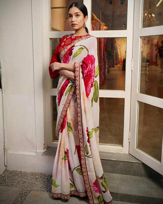 Pastel floral saree with lace border work with stitched blouse