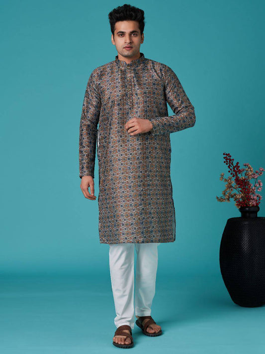 Black Men's traditional indian sequins work with print cotton kurta with pajama