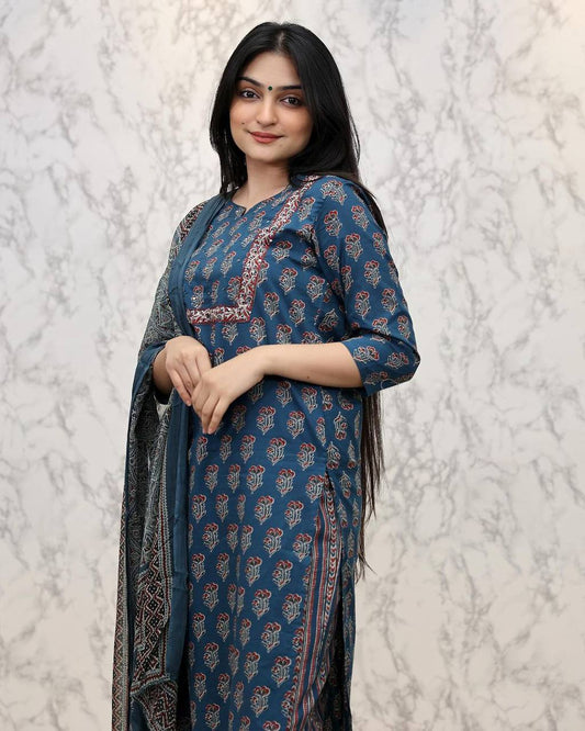 Jaipuri cotton kurti set with pant and dupatta