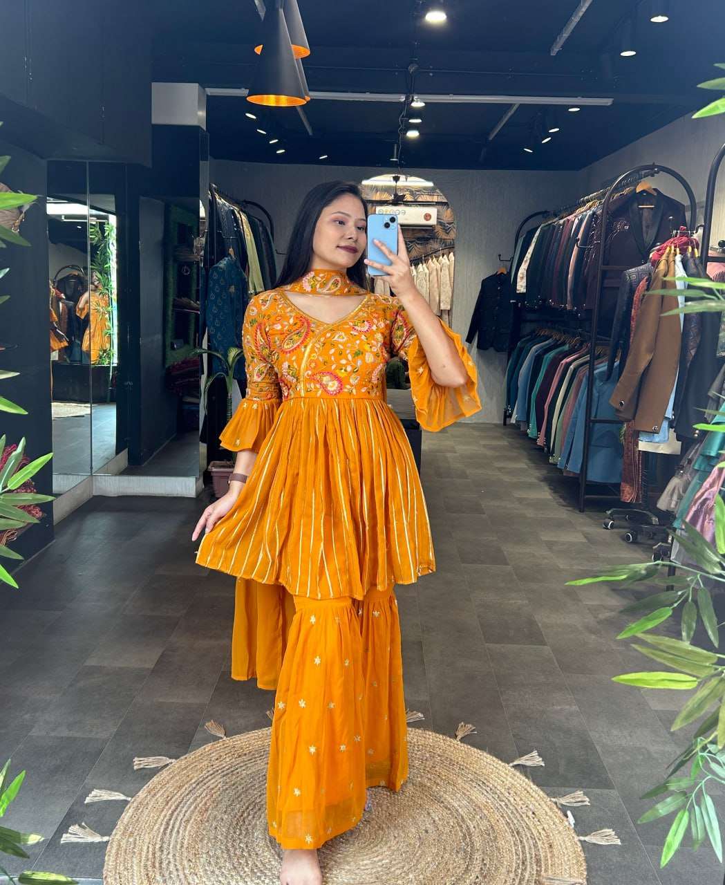 Mustard embroidered soft georgette sharara dress with top and dupatta fully stitched