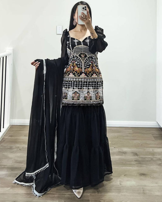 Black embroidered sharara set