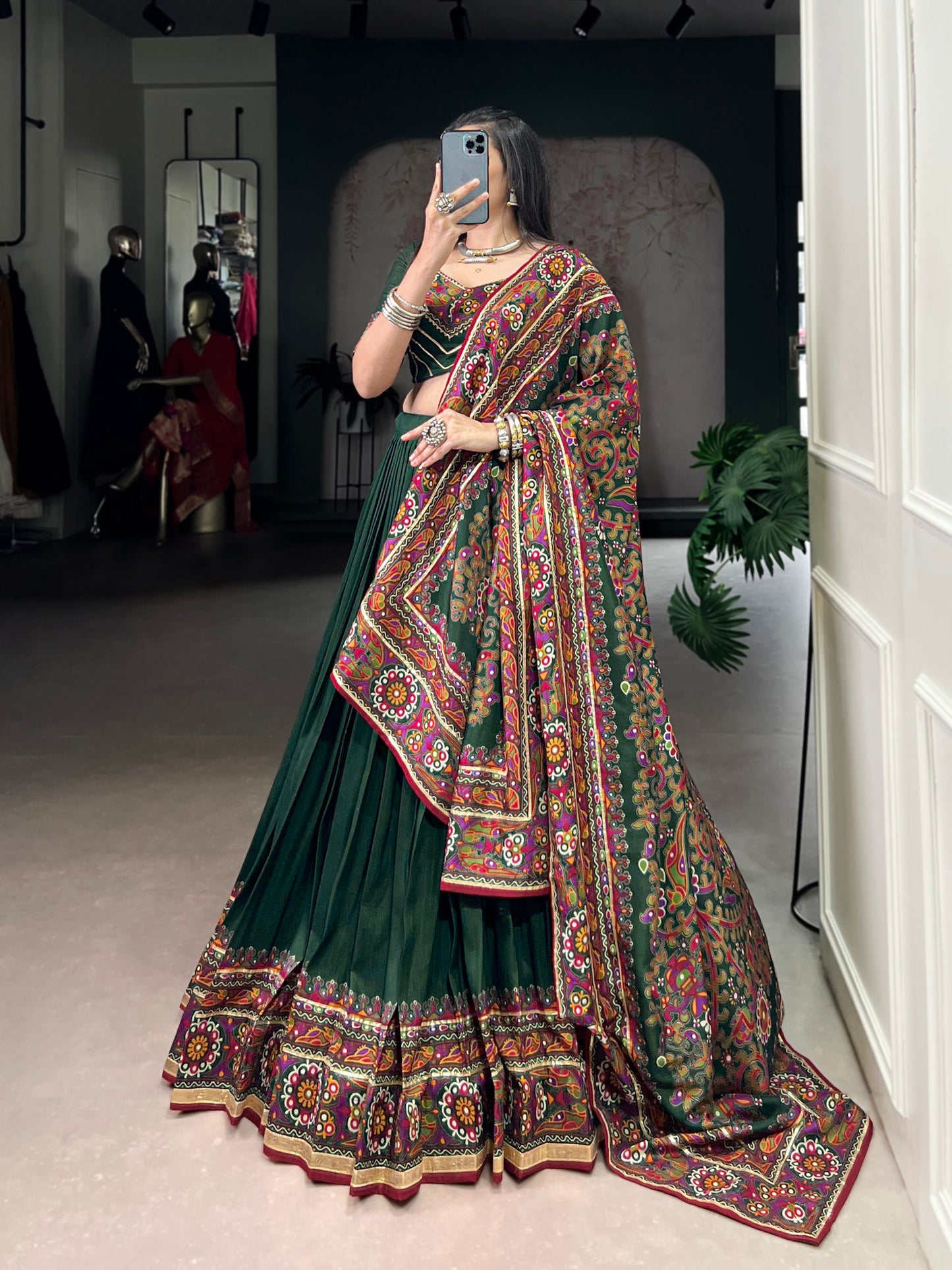 Gamthi Print and Embossed Lace Silk Chaniya Cholis for Navratri Fully Stitched