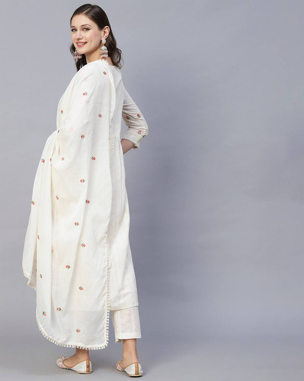 Off white embroidered work kurti set