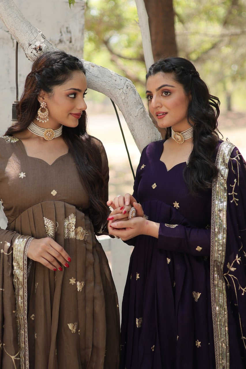 Premium Vichitra Silk Brown Fully Stitched Gown
