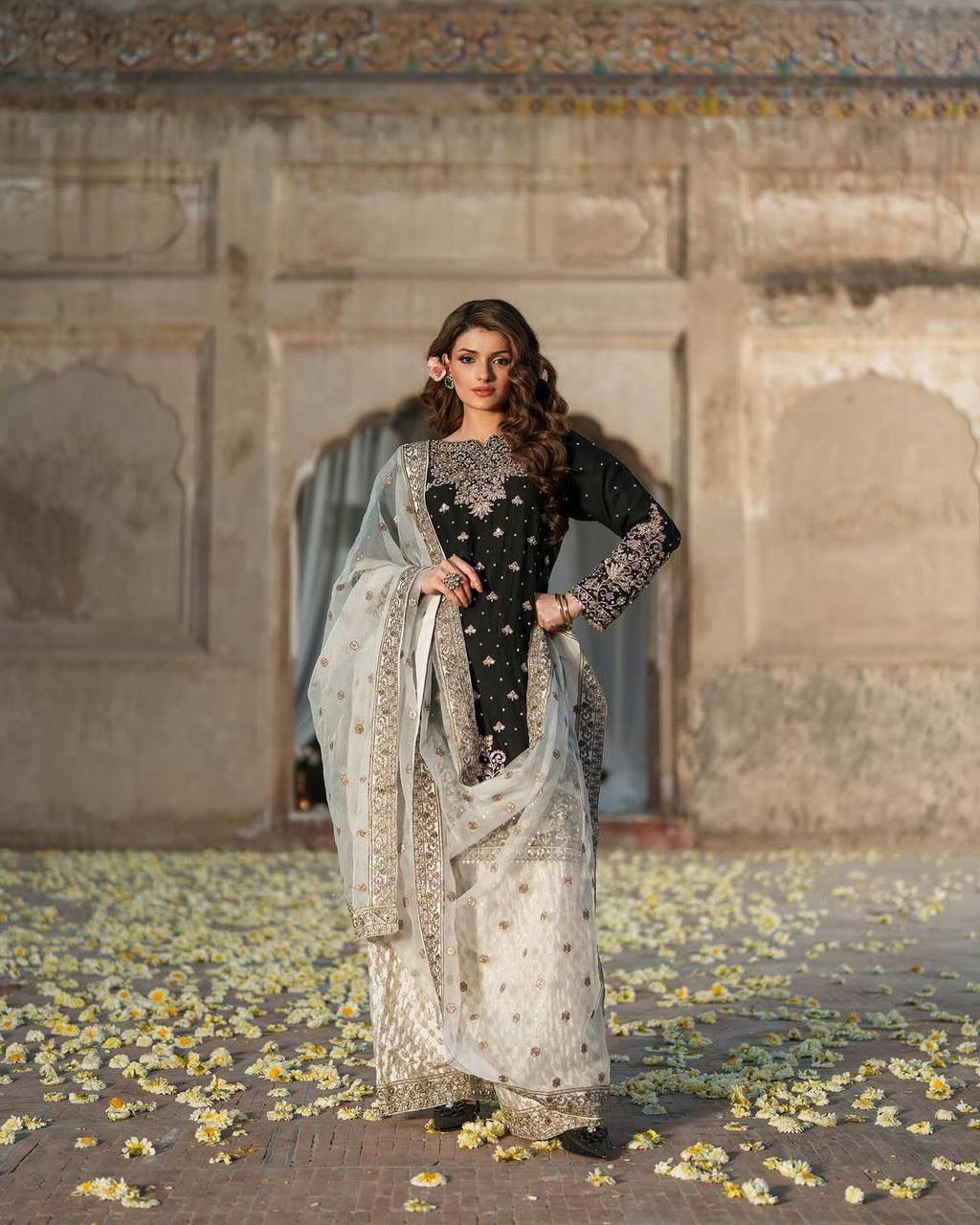 Black & White Heavy Embroidered Sharara Set Fully Stitched