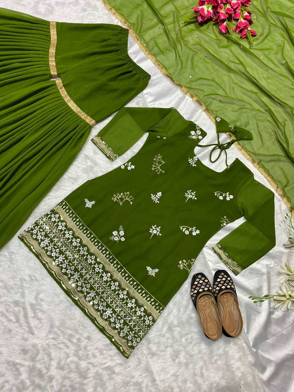 Green sharara set fully stitched