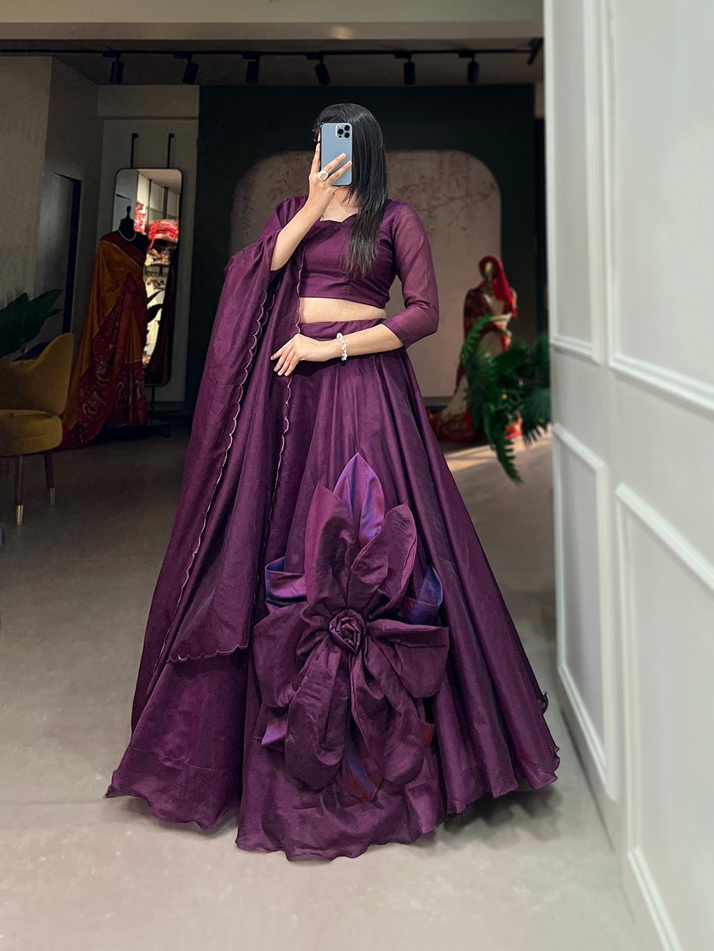 Wine Colour Chanderi silk Handmade Flower Lehenga