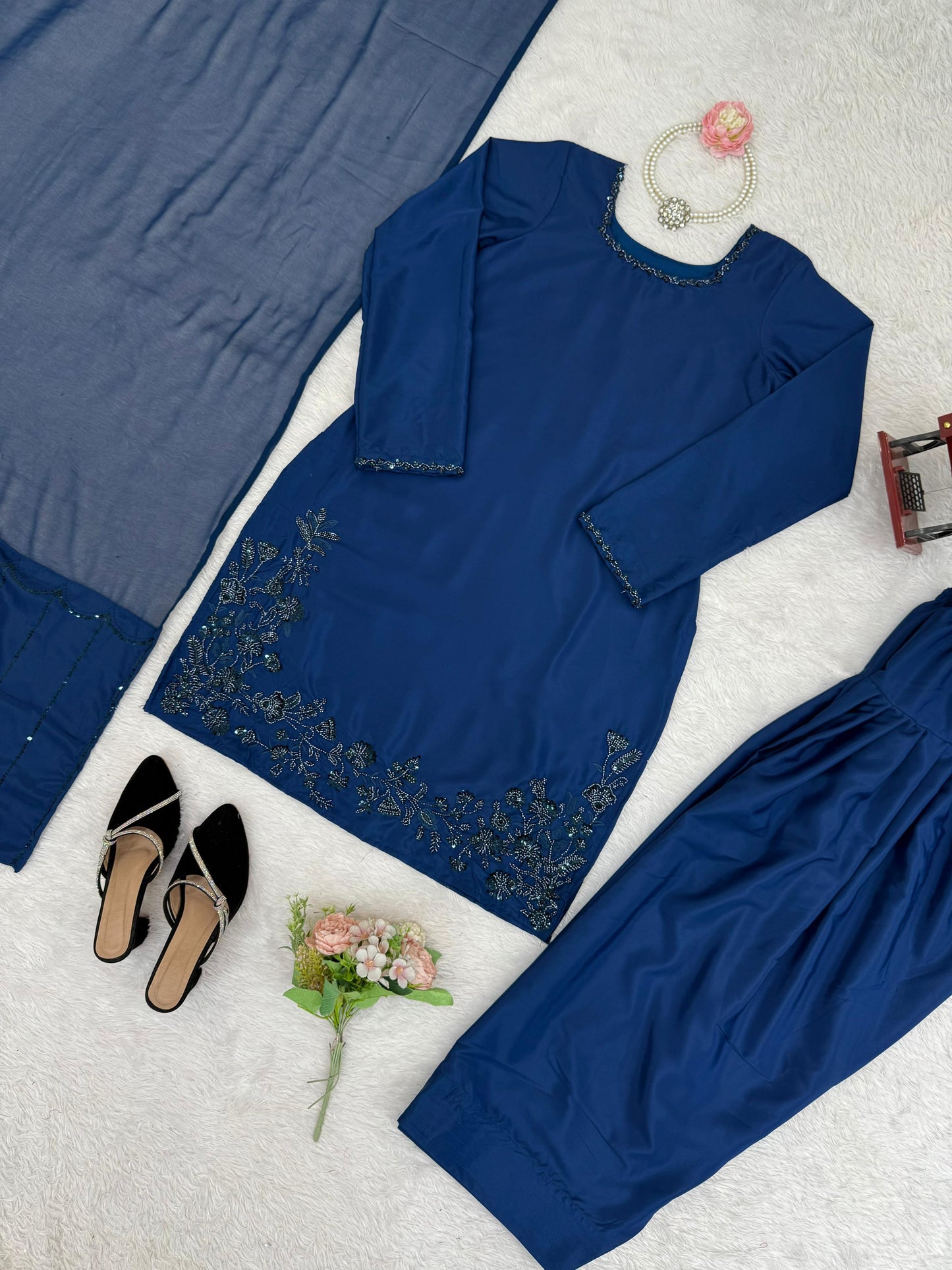 Navy Blue Soft Natural Crepe fabric with Hand Pearl Work Salwar Suit Fully Stitched