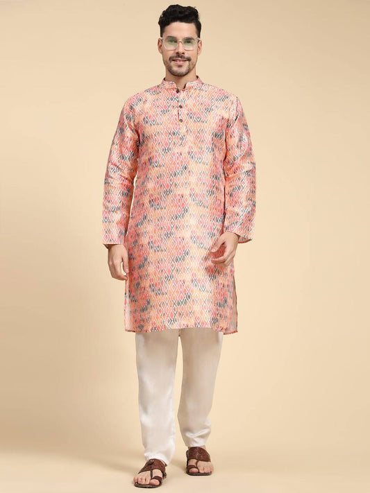 Peach colour Men's traditional sequins work & print cotton kurta with pajama