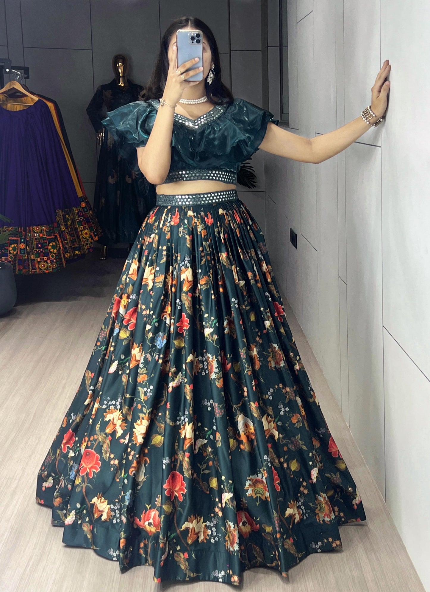 Pure Muslin Dark Bottle Green Casual Lehenga Fully Stitched