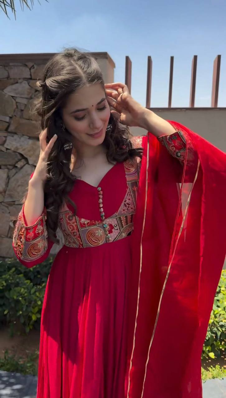 Red Anarkali silk readymade fully stitched