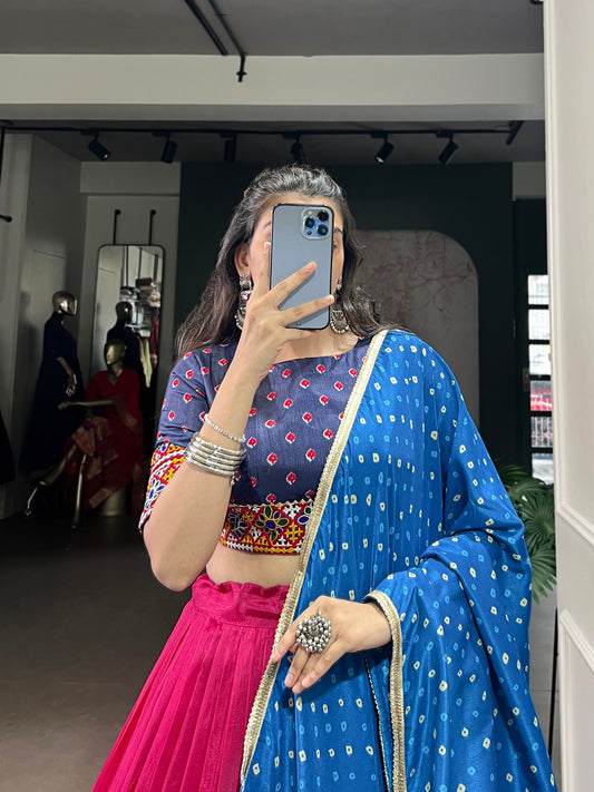 Beautiful Real Mirror & Gamthi Work Silk Chaniya Cholis for Navratri