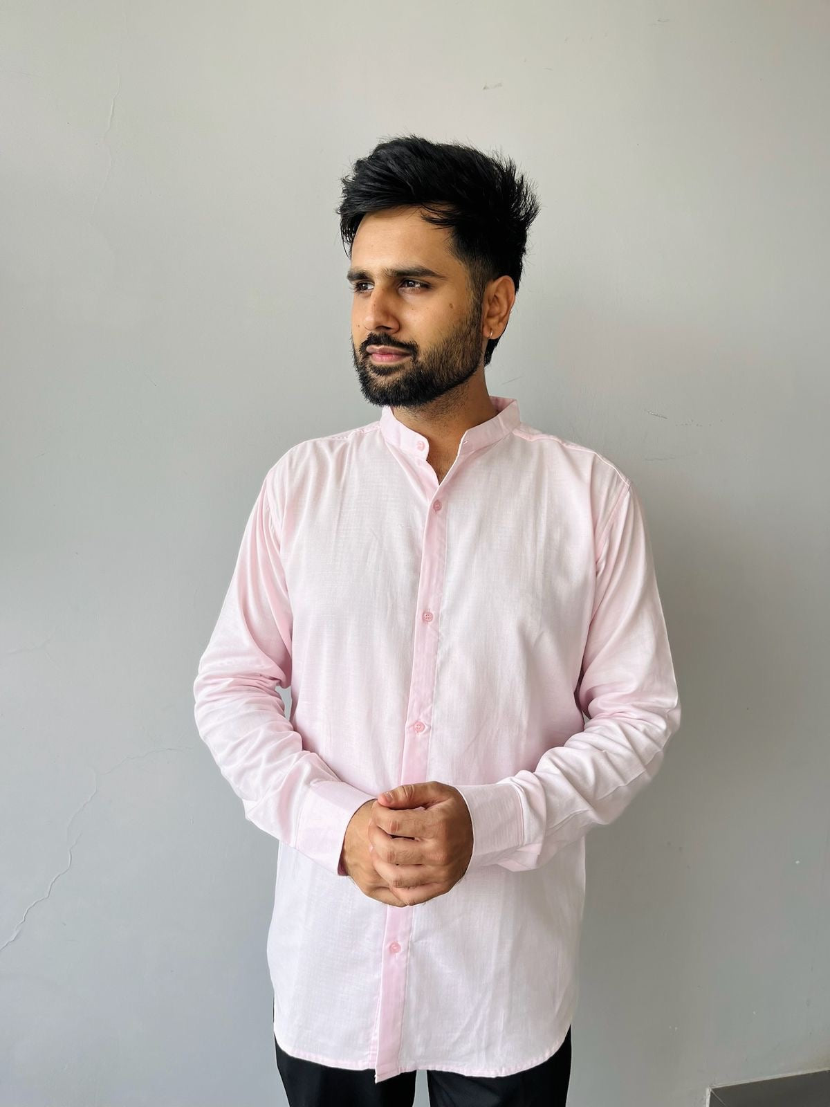 Mandarin Collar Men's Pure Cotton Plain Shirts for Formal Occasions