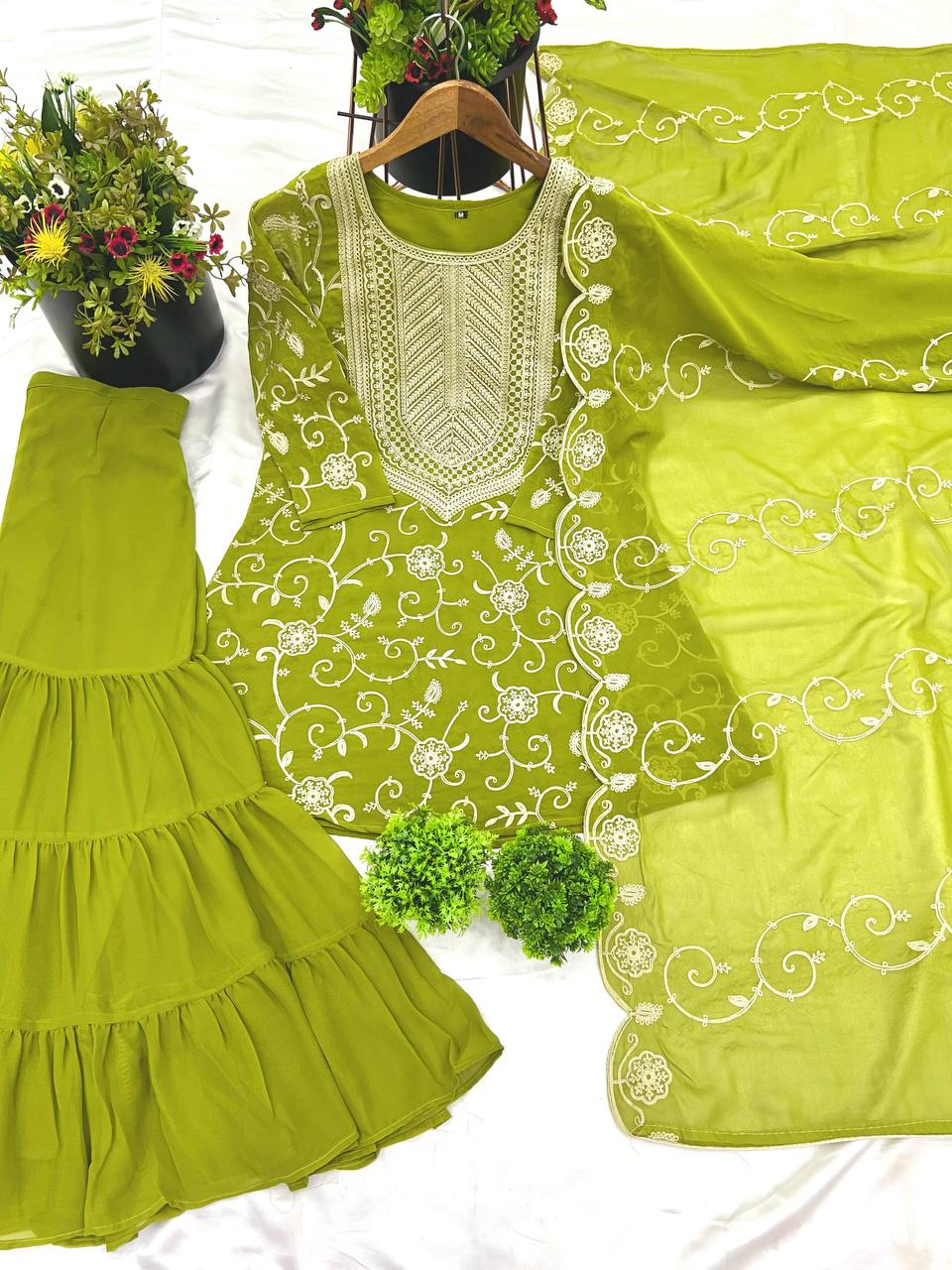 Soft Georgette Parrot Green Sharara Set Fully Stitched