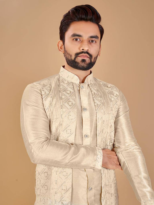 Beige Men's Indo western style koti kurta with pajama