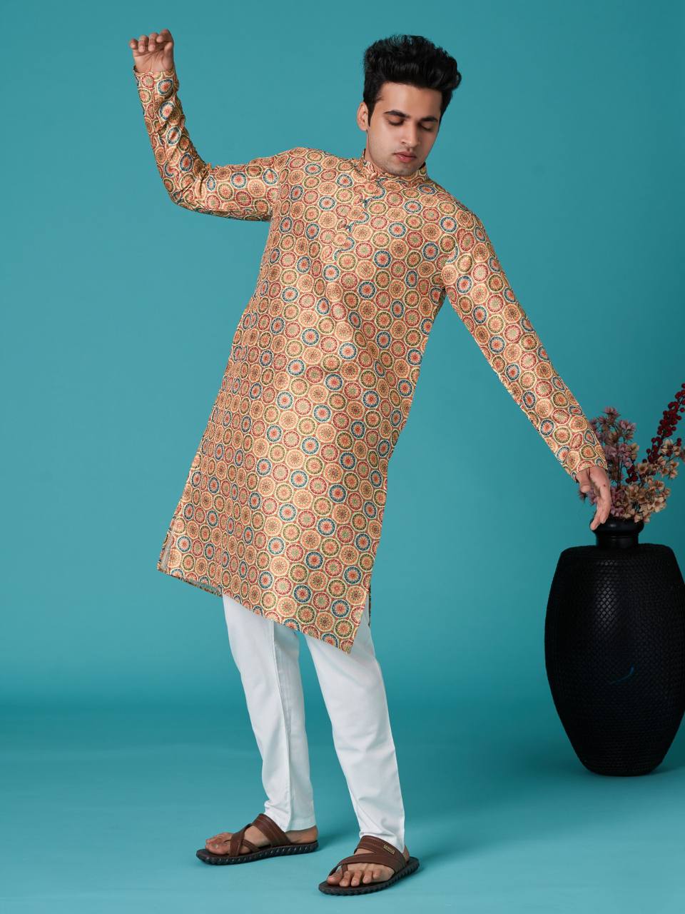 Beige Men's traditional indian ethinic printcotton kurta with pant