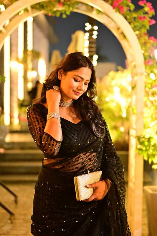 Dinner or Party Special Jet Black Sparkling Sequins Saree with Stitched Blouse