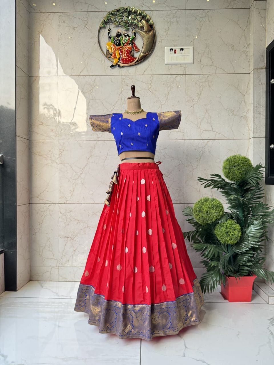 Red and Blue Kanjivaram style Silk lehenga fully stitched