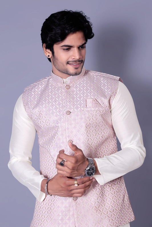 Baby Pink Designer Koti Kurta Set for Men - Indian Ethnic Fashion Online