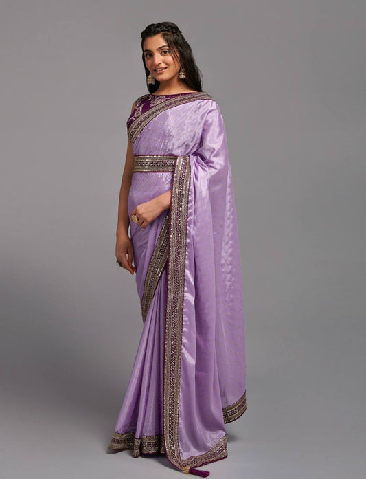 Premium Lavender Chinon Saree with fully stitched Blouse